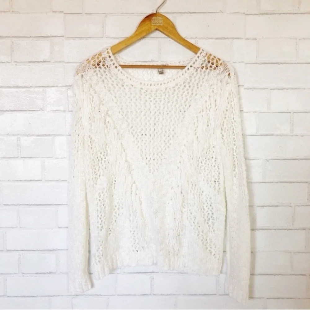 Amuse Society White Cream Boho Tassel Very Soft Open Weave Sweater Top